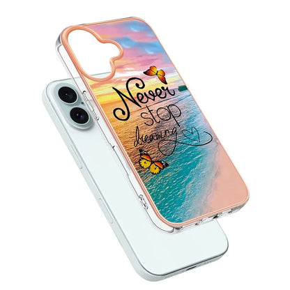 YB IMD Series-16 Style-E For iPhone 16 Plus Case IMD Marble Flower Pattern TPU Phone Cover