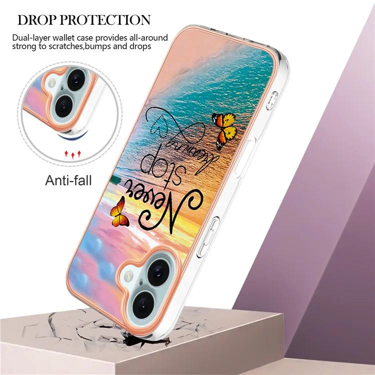 YB IMD Series-16 Style-E For iPhone 16 Plus Case IMD Marble Flower Pattern TPU Phone Cover