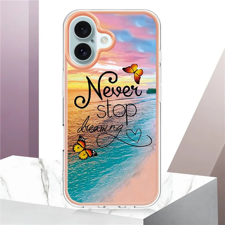 YB IMD Series-16 Style-E For iPhone 16 Plus Case IMD Marble Flower Pattern TPU Phone Cover