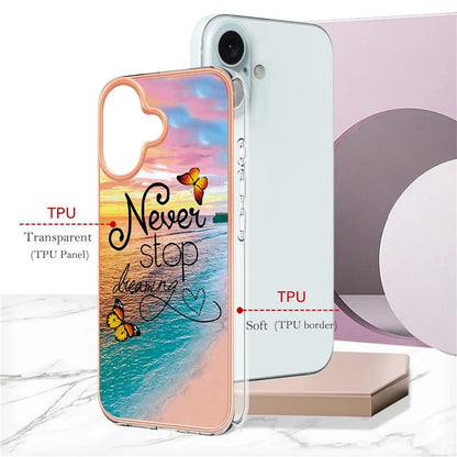 YB IMD Series-16 Style-E For iPhone 16 Plus Case IMD Marble Flower Pattern TPU Phone Cover