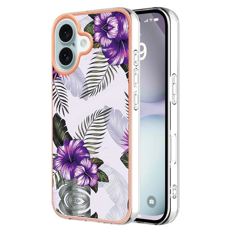 YB IMD Series-16 Style-E For iPhone 16 Plus Case IMD Marble Flower Pattern TPU Phone Cover