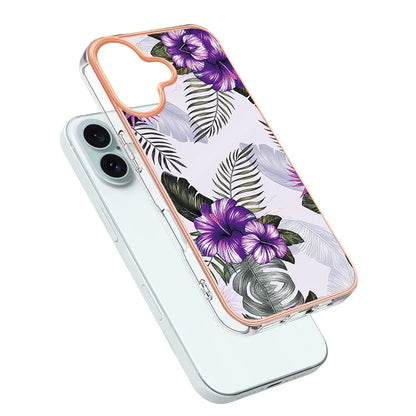 YB IMD Series-16 Style-E For iPhone 16 Plus Case IMD Marble Flower Pattern TPU Phone Cover