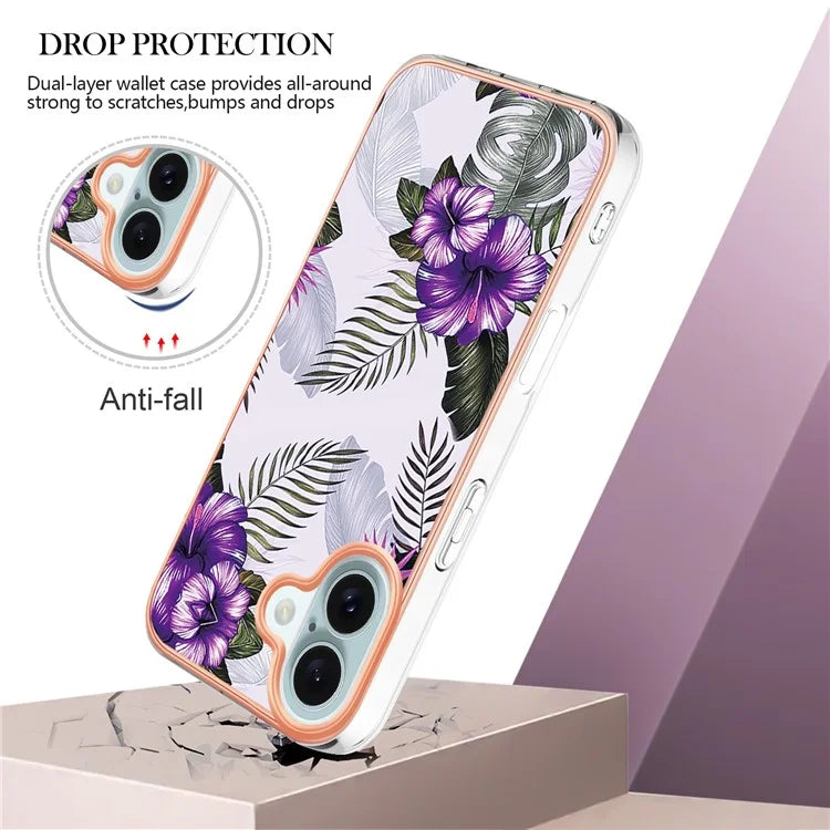 YB IMD Series-16 Style-E For iPhone 16 Plus Case IMD Marble Flower Pattern TPU Phone Cover