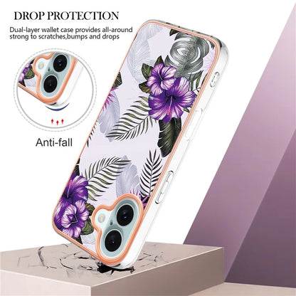 YB IMD Series-16 Style-E For iPhone 16 Plus Case IMD Marble Flower Pattern TPU Phone Cover