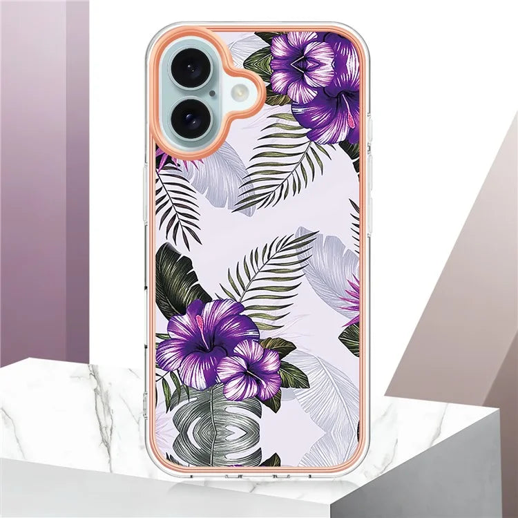 YB IMD Series-16 Style-E For iPhone 16 Plus Case IMD Marble Flower Pattern TPU Phone Cover