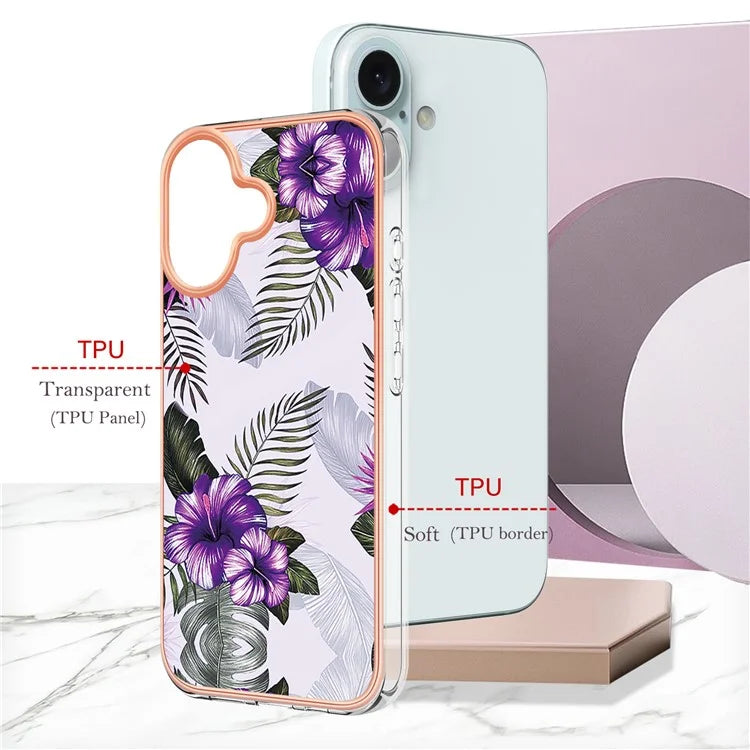 YB IMD Series-16 Style-E For iPhone 16 Plus Case IMD Marble Flower Pattern TPU Phone Cover
