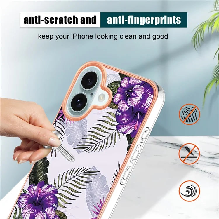 YB IMD Series-16 Style-E For iPhone 16 Plus Case IMD Marble Flower Pattern TPU Phone Cover
