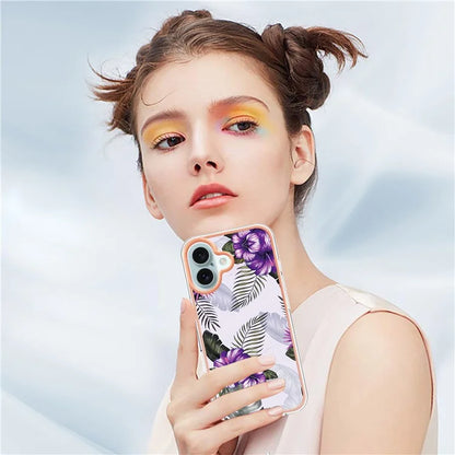 YB IMD Series-16 Style-E For iPhone 16 Plus Case IMD Marble Flower Pattern TPU Phone Cover
