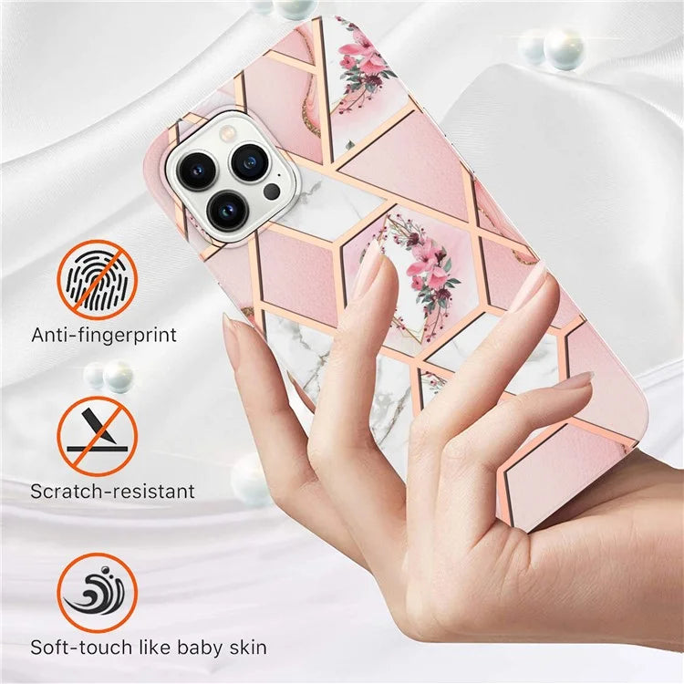 YB IMD Series-16 Style-E For iPhone 16 Pro Max Case IMD Marble Flower Pattern TPU Phone Cover
