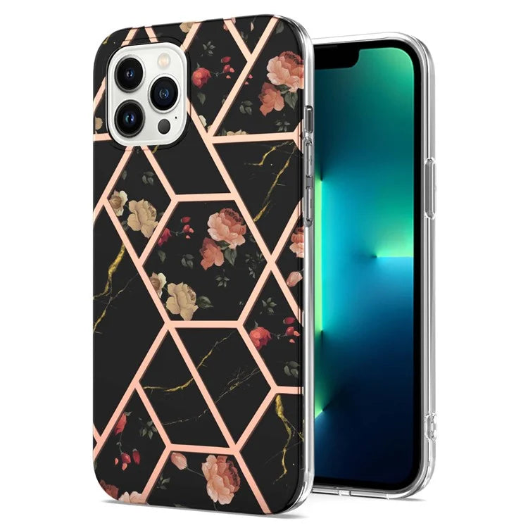 YB IMD Series-16 Style-E For iPhone 16 Pro Max Case IMD Marble Flower Pattern TPU Phone Cover