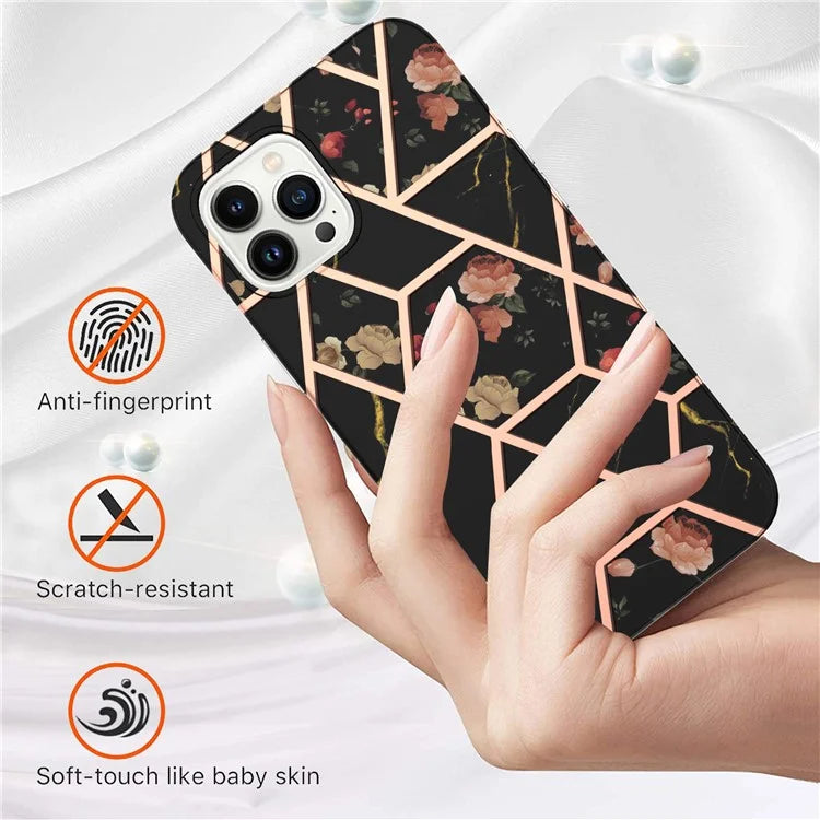 YB IMD Series-16 Style-E For iPhone 16 Pro Max Case IMD Marble Flower Pattern TPU Phone Cover