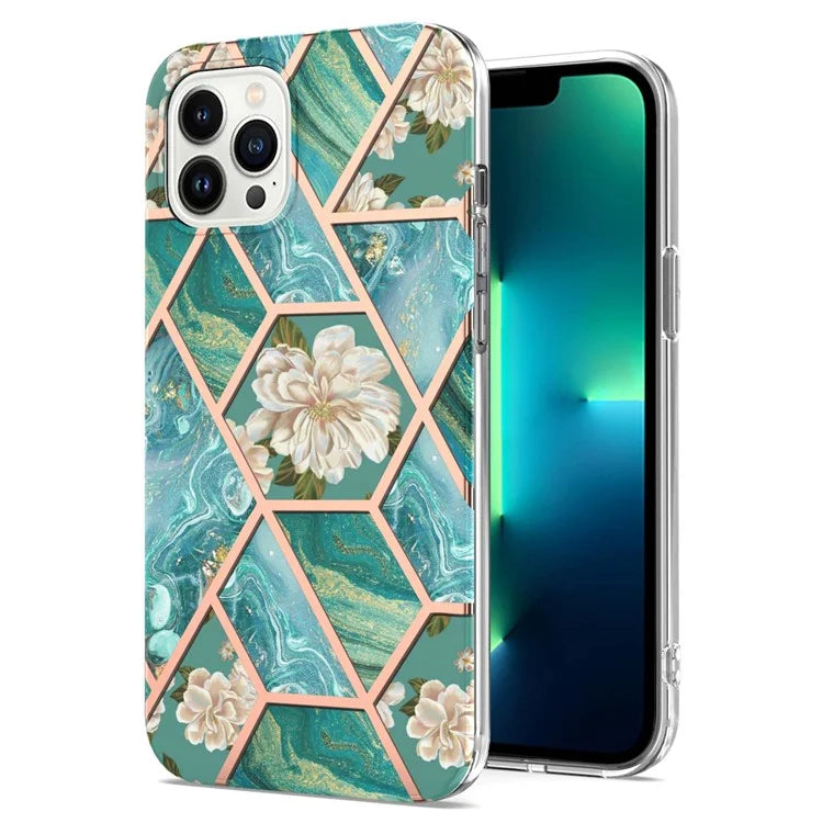 YB IMD Series-16 Style-E For iPhone 16 Pro Max Case IMD Marble Flower Pattern TPU Phone Cover
