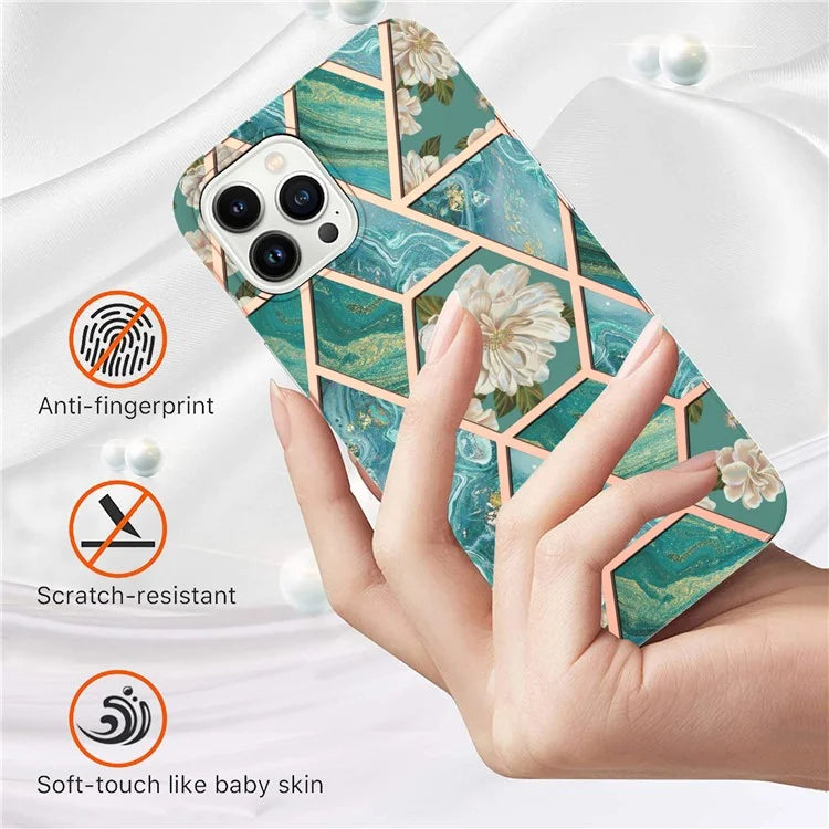 YB IMD Series-16 Style-E For iPhone 16 Pro Max Case IMD Marble Flower Pattern TPU Phone Cover