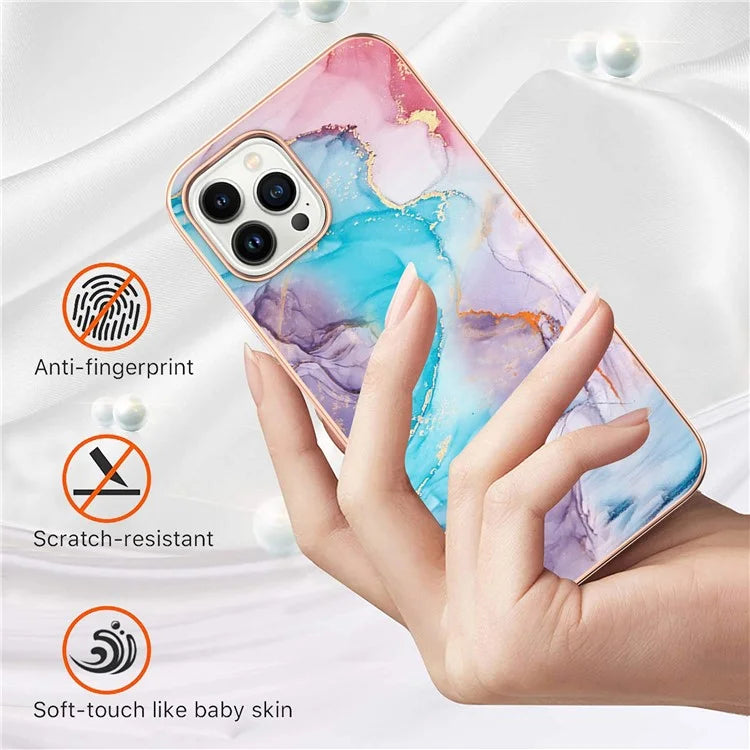 YB IMD Series-16 Style-E For iPhone 16 Pro Max Case IMD Marble Flower Pattern TPU Phone Cover