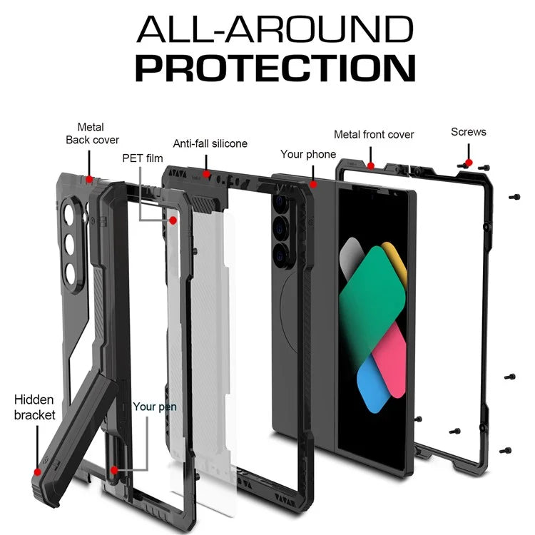 For Samsung Galaxy Z Fold6 5G Case Aluminium Alloy+Silicone Kickstand Cover with PET Screen Film