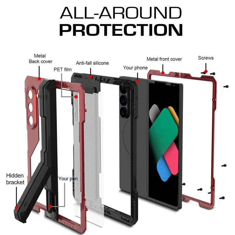 For Samsung Galaxy Z Fold6 5G Case Aluminium Alloy+Silicone Kickstand Cover with PET Screen Film