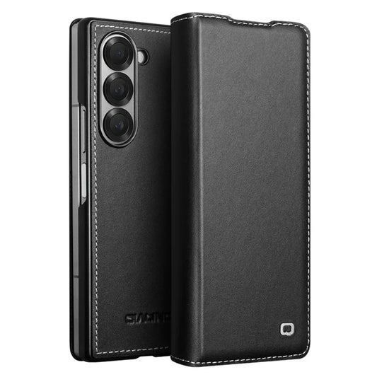 QIALINO For Samsung Galaxy Z Fold6 5G Case Genuine Cow Leather Flip Phone Cover, Black