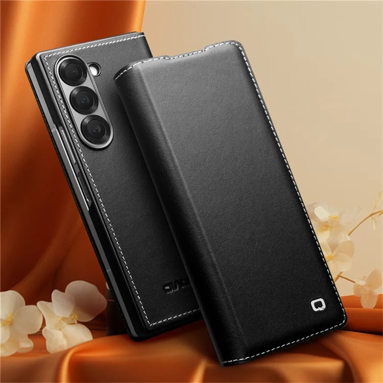 QIALINO For Samsung Galaxy Z Fold6 5G Case Genuine Cow Leather Flip Phone Cover, Black