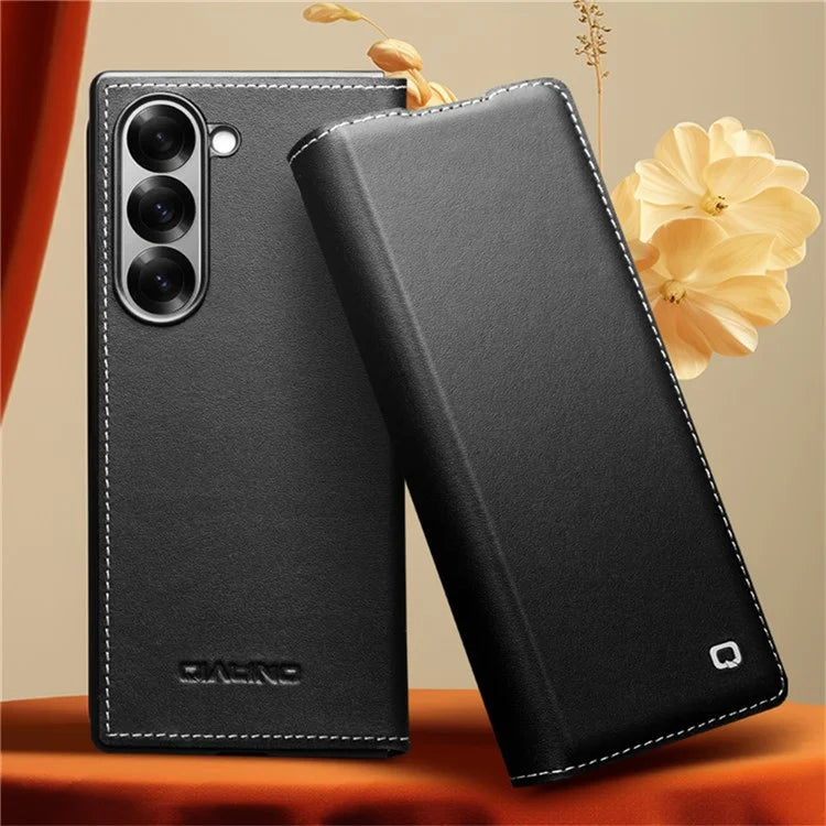 QIALINO For Samsung Galaxy Z Fold6 5G Case Genuine Cow Leather Flip Phone Cover, Black