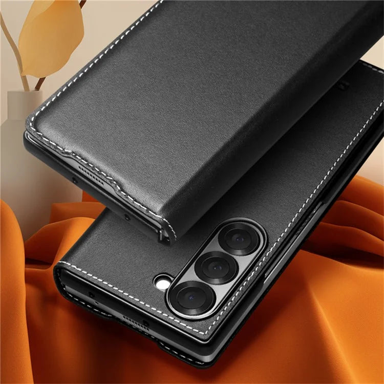 QIALINO For Samsung Galaxy Z Fold6 5G Case Genuine Cow Leather Flip Phone Cover, Black
