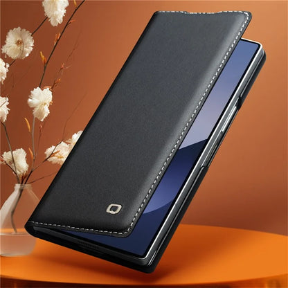 QIALINO For Samsung Galaxy Z Fold6 5G Case Genuine Cow Leather Flip Phone Cover, Black