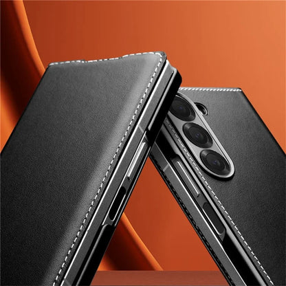 QIALINO For Samsung Galaxy Z Fold6 5G Case Genuine Cow Leather Flip Phone Cover, Black