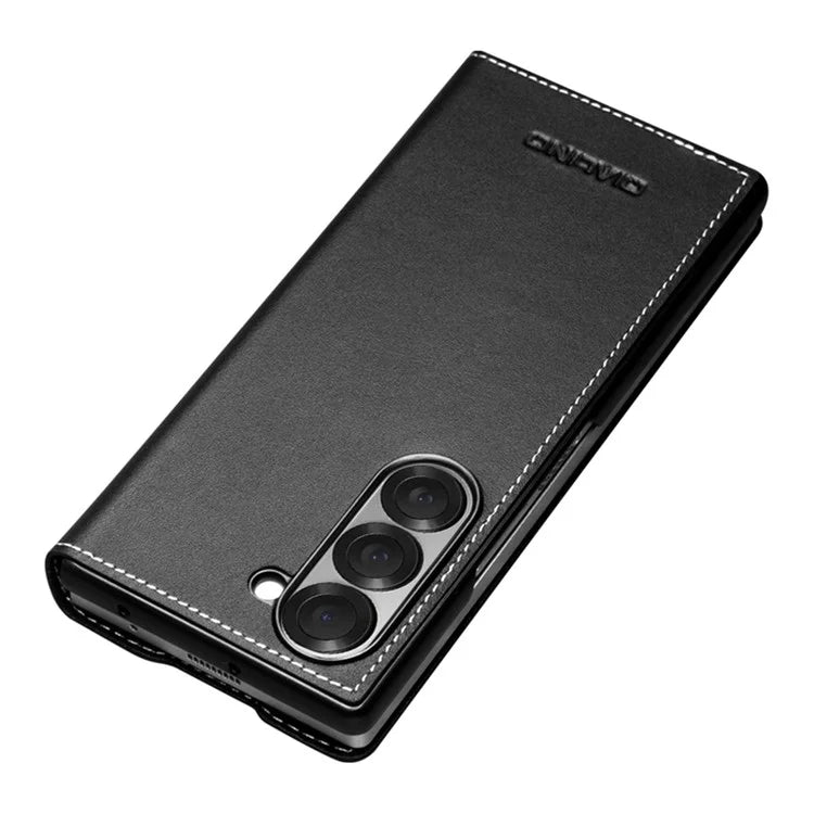 QIALINO For Samsung Galaxy Z Fold6 5G Case Genuine Cow Leather Flip Phone Cover, Black