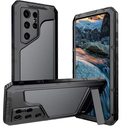 For Samsung Galaxy S24 Ultra Case Silicone+Aluminium Alloy Kickstand IP68 Waterproof Cover with Screen Film