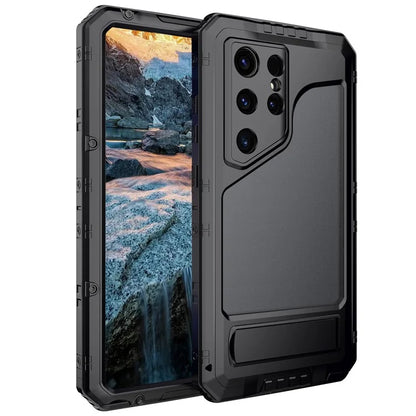 For Samsung Galaxy S24 Ultra Case Silicone+Aluminium Alloy Kickstand IP68 Waterproof Cover with Screen Film