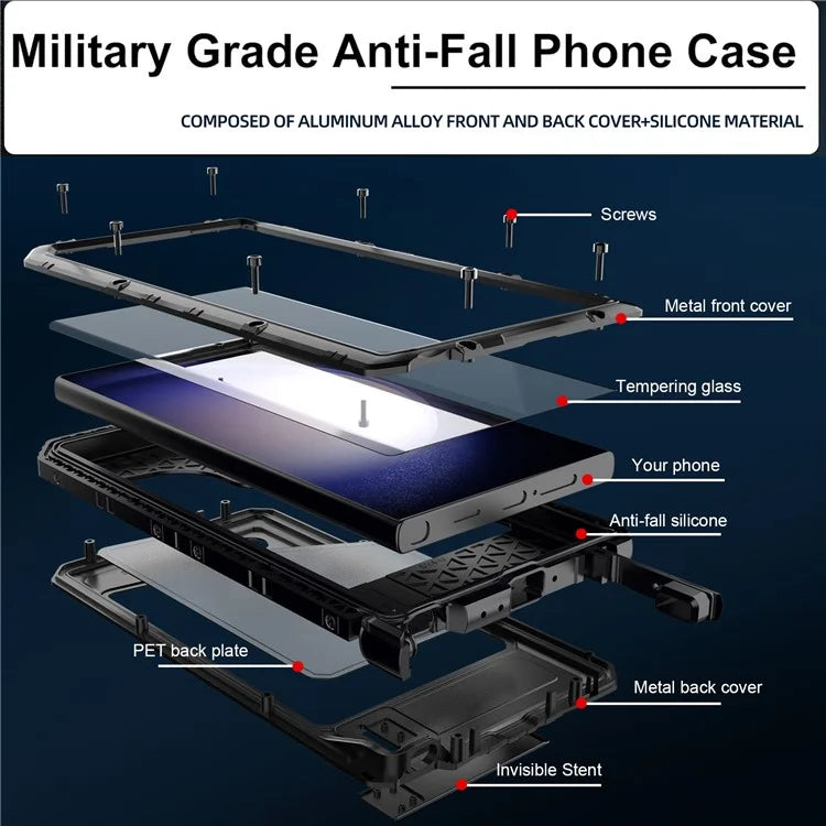 For Samsung Galaxy S24 Ultra Case Silicone+Aluminium Alloy Kickstand IP68 Waterproof Cover with Screen Film