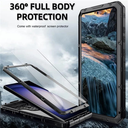 For Samsung Galaxy S24 Ultra Case Silicone+Aluminium Alloy Kickstand IP68 Waterproof Cover with Screen Film
