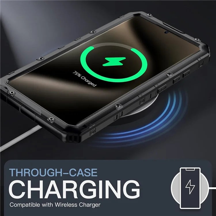 For Samsung Galaxy S24 Ultra Case Silicone+Aluminium Alloy Kickstand IP68 Waterproof Cover with Screen Film