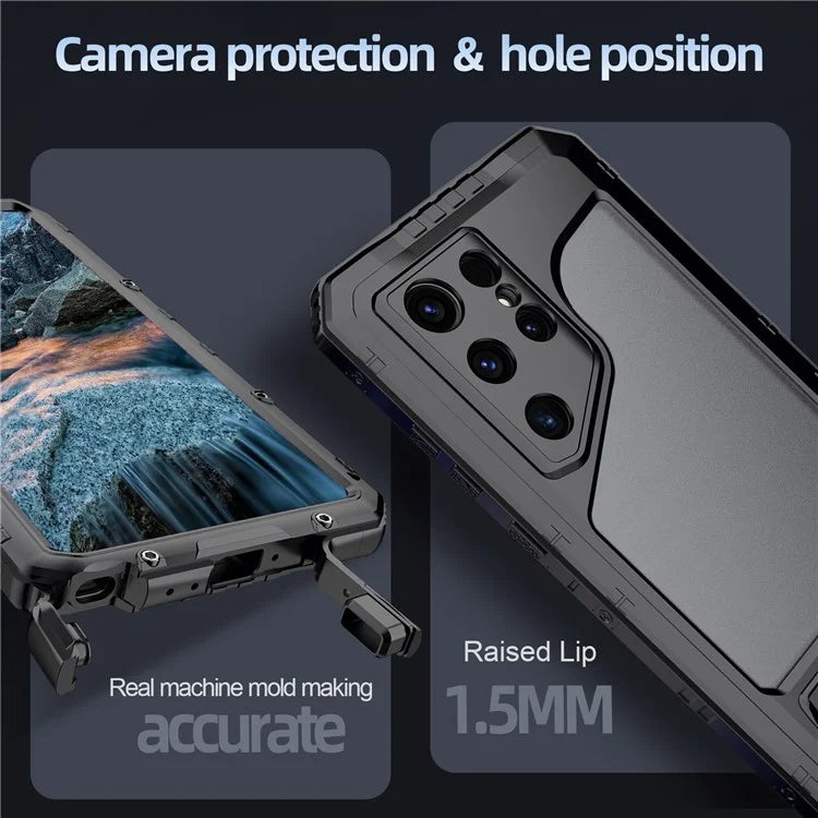 For Samsung Galaxy S24 Ultra Case Silicone+Aluminium Alloy Kickstand IP68 Waterproof Cover with Screen Film