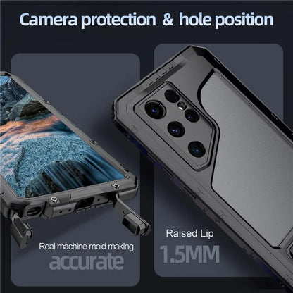 For Samsung Galaxy S24 Ultra Case Silicone+Aluminium Alloy Kickstand IP68 Waterproof Cover with Screen Film