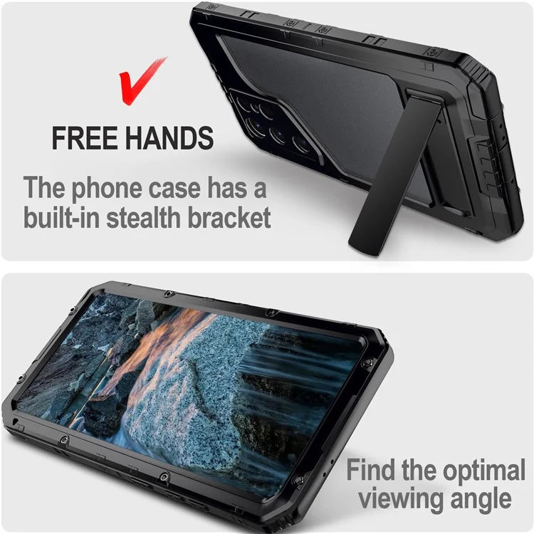 For Samsung Galaxy S24 Ultra Case Silicone+Aluminium Alloy Kickstand IP68 Waterproof Cover with Screen Film