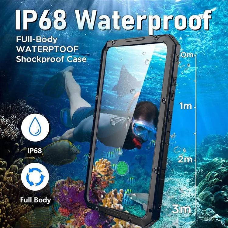 For Samsung Galaxy S24 Ultra Case Silicone+Aluminium Alloy Kickstand IP68 Waterproof Cover with Screen Film