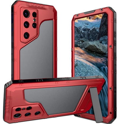 For Samsung Galaxy S24 Ultra Case Silicone+Aluminium Alloy Kickstand IP68 Waterproof Cover with Screen Film