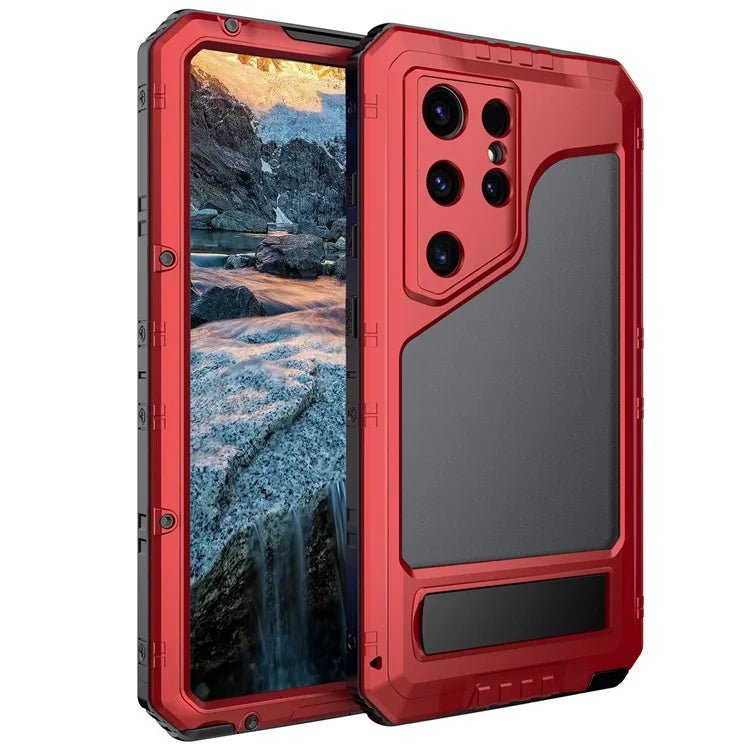 For Samsung Galaxy S24 Ultra Case Silicone+Aluminium Alloy Kickstand IP68 Waterproof Cover with Screen Film