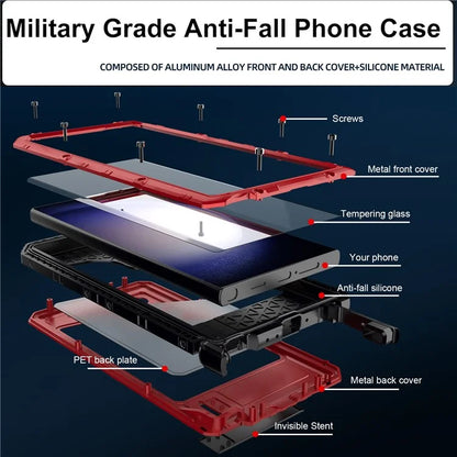 For Samsung Galaxy S24 Ultra Case Silicone+Aluminium Alloy Kickstand IP68 Waterproof Cover with Screen Film