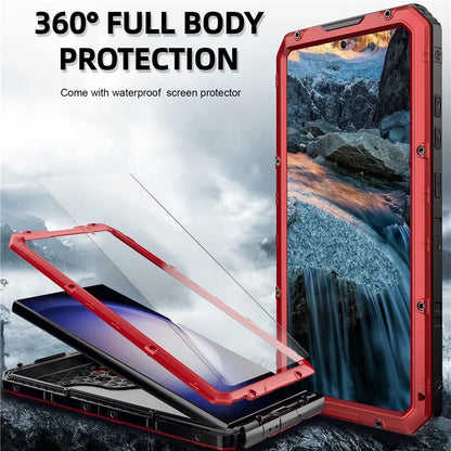 For Samsung Galaxy S24 Ultra Case Silicone+Aluminium Alloy Kickstand IP68 Waterproof Cover with Screen Film