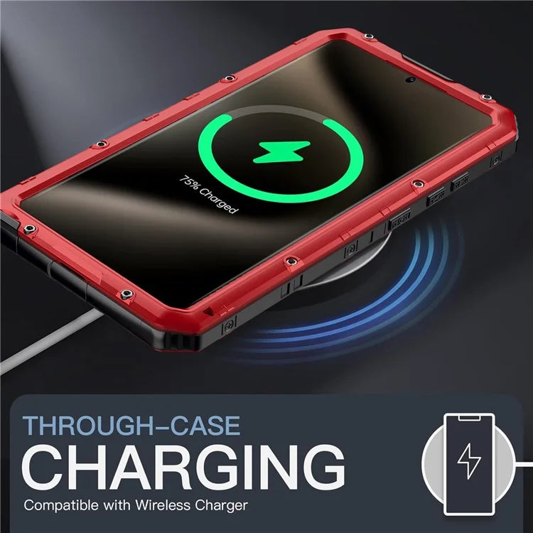 For Samsung Galaxy S24 Ultra Case Silicone+Aluminium Alloy Kickstand IP68 Waterproof Cover with Screen Film