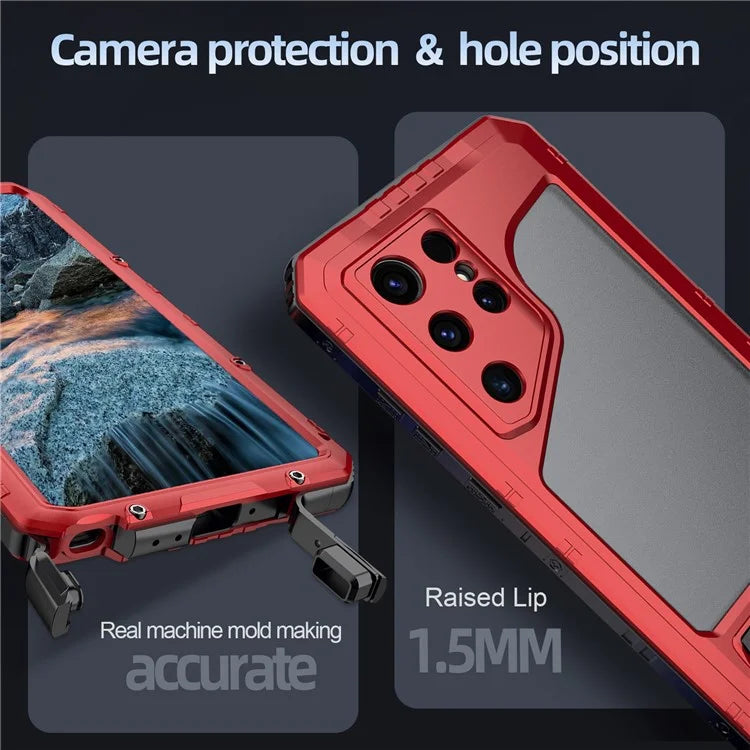 For Samsung Galaxy S24 Ultra Case Silicone+Aluminium Alloy Kickstand IP68 Waterproof Cover with Screen Film