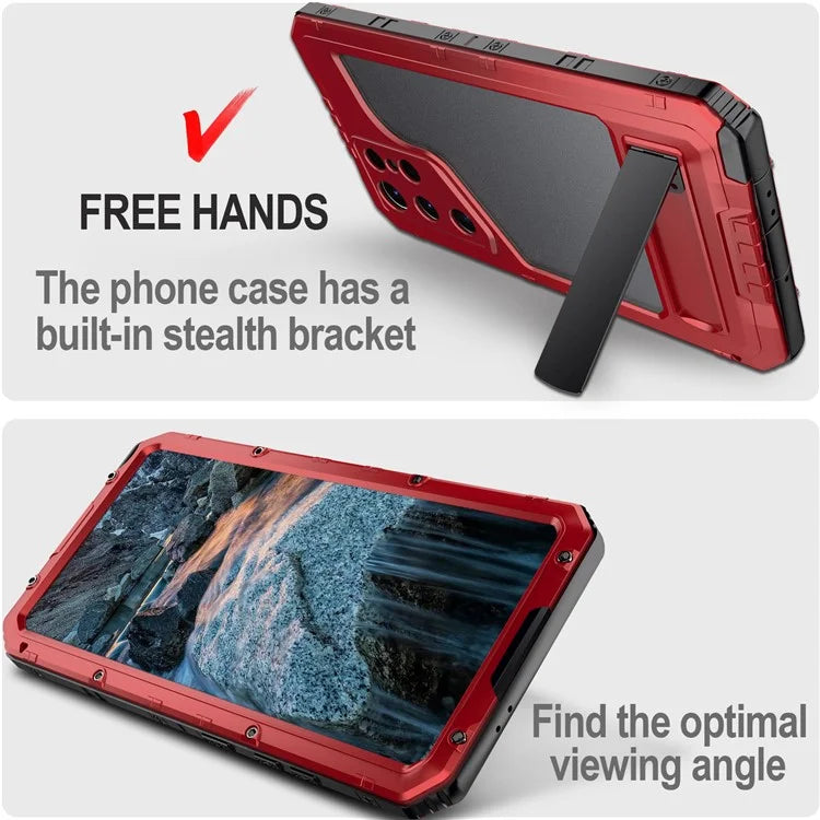 For Samsung Galaxy S24 Ultra Case Silicone+Aluminium Alloy Kickstand IP68 Waterproof Cover with Screen Film