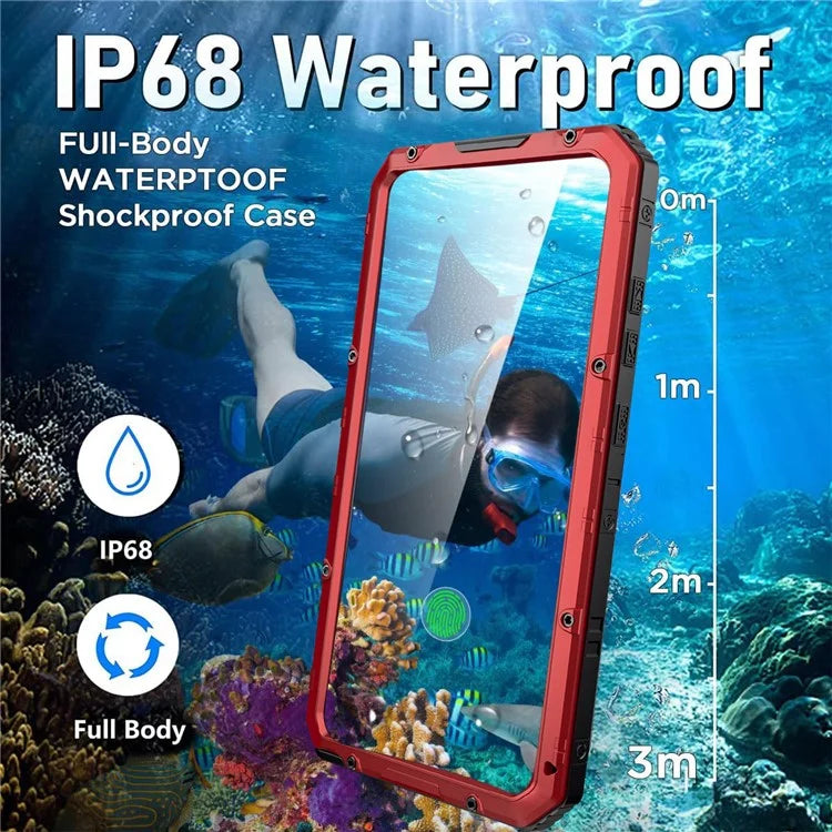 For Samsung Galaxy S24 Ultra Case Silicone+Aluminium Alloy Kickstand IP68 Waterproof Cover with Screen Film