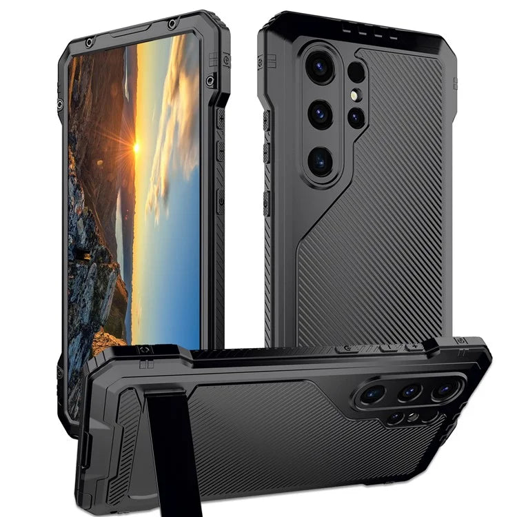 For Samsung Galaxy S24 Ultra Case Silicone+Metal Kickstand Phone Cover with PET Screen Film