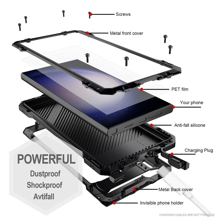 For Samsung Galaxy S24 Ultra Case Silicone+Metal Kickstand Phone Cover with PET Screen Film