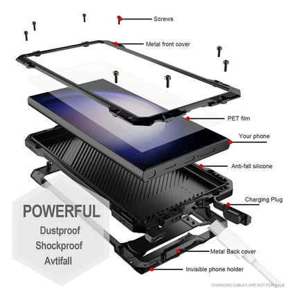 For Samsung Galaxy S24 Ultra Case Silicone+Metal Kickstand Phone Cover with PET Screen Film