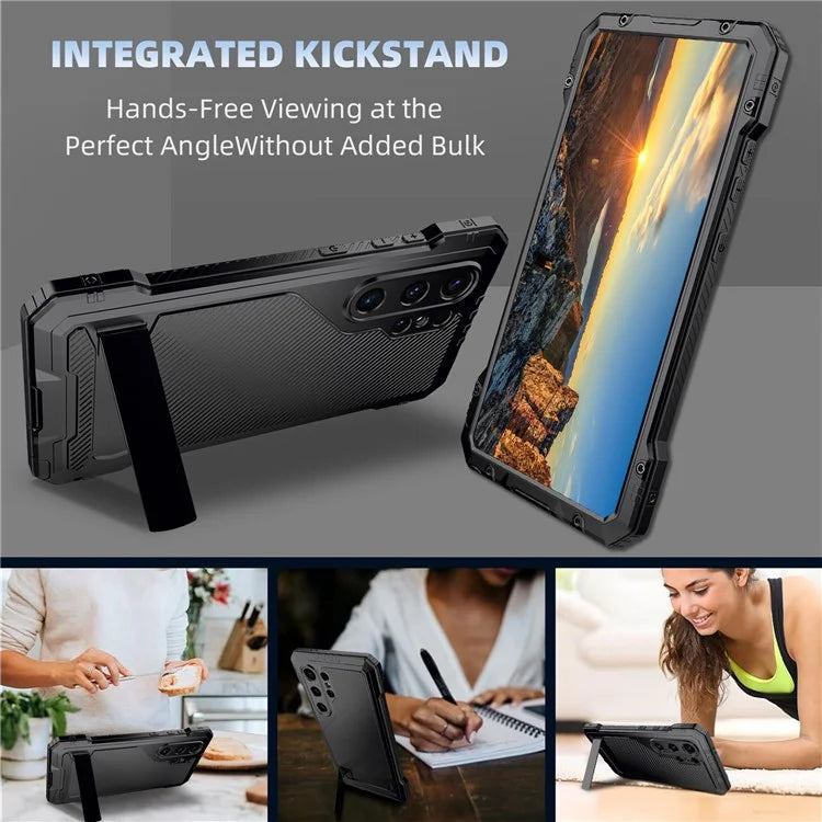 For Samsung Galaxy S24 Ultra Case Silicone+Metal Kickstand Phone Cover with PET Screen Film