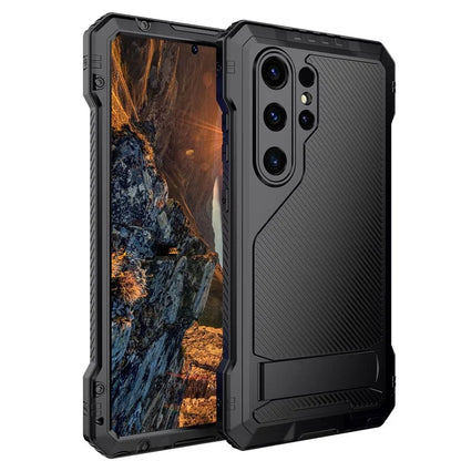 For Samsung Galaxy S24 Ultra Case Silicone+Metal Kickstand Phone Cover with PET Screen Film
