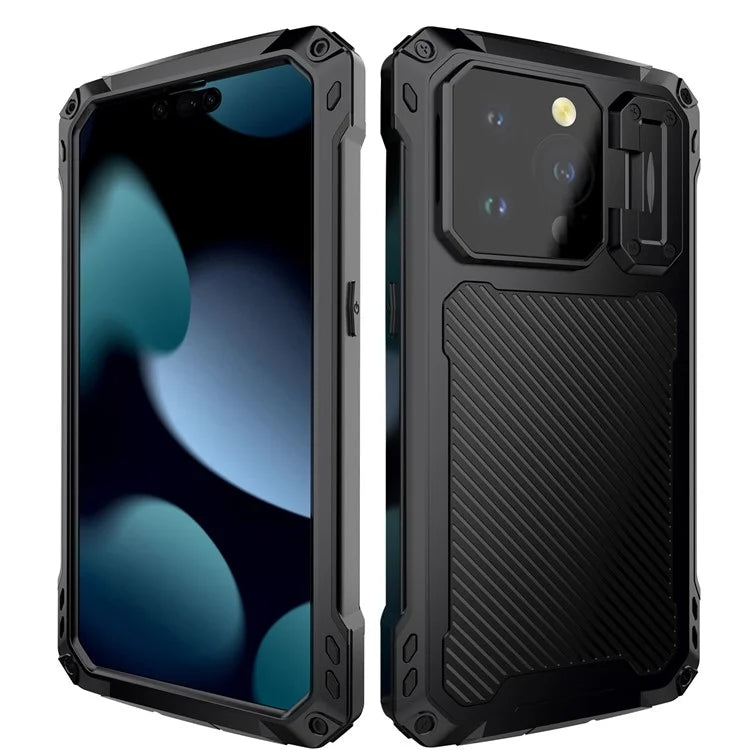 For iPhone 15 Pro Case Aluminum Alloy+Silicone Lens Kickstand Phone Cover with Tempered Glass Film